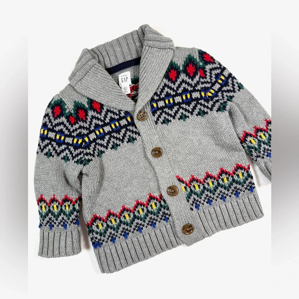 BABY GAP Cardigan Sweater 6-12M Fair Isle Animal Print Grandpacore Shawl Collar‎